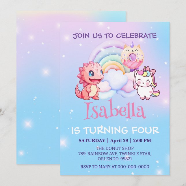 Invitation Cute Dinosaur Unicorn Rainbow ballon Anniversaire  (Devant / Derrière)