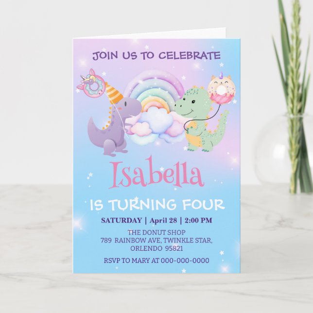 Invitation Cute Dinosaur Unicorn Rainbow ballon Anniversaire  (Devant)