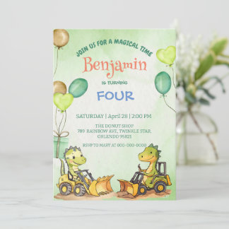 Invitation Cute dinosaure Excavateur tracteur ballon Annivers