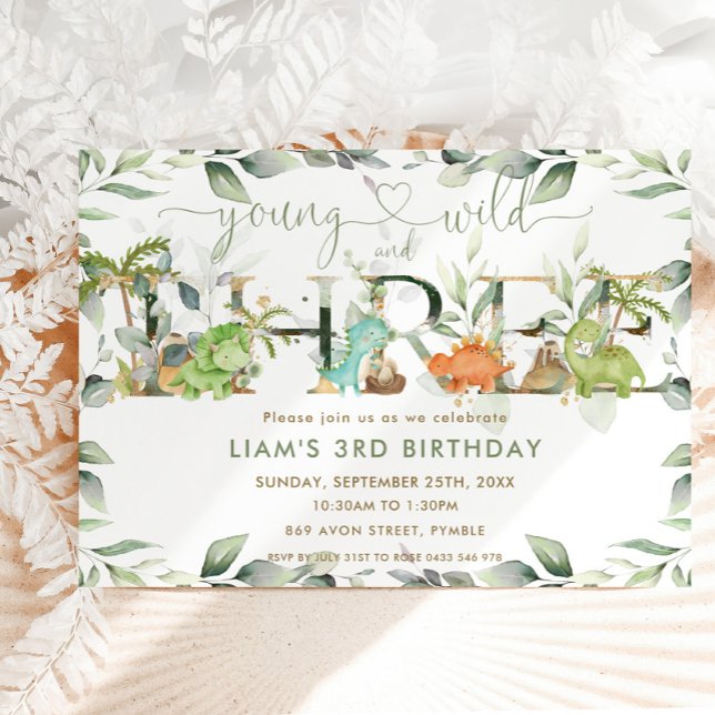 Invitation Cute Dinosaures Verdure 3e anniversaire Trois (Créateur téléchargé)
