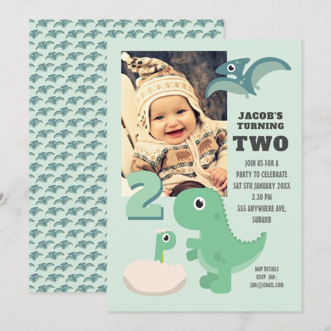 Invitation Cute Dinosaurs Boys 2e fête d'anniversaire Photo (Devant / Derrière)