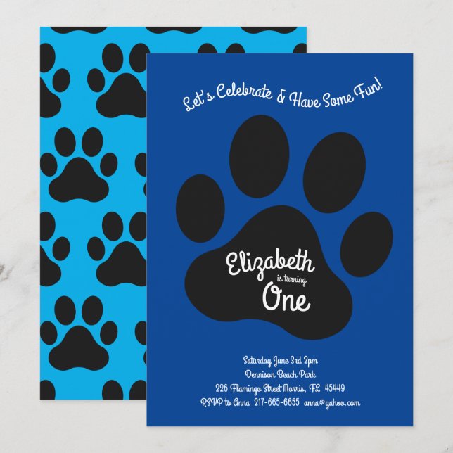 Invitation Cute Dog Empreinte de patte Enfants 1er anniversai (Devant / Derrière)