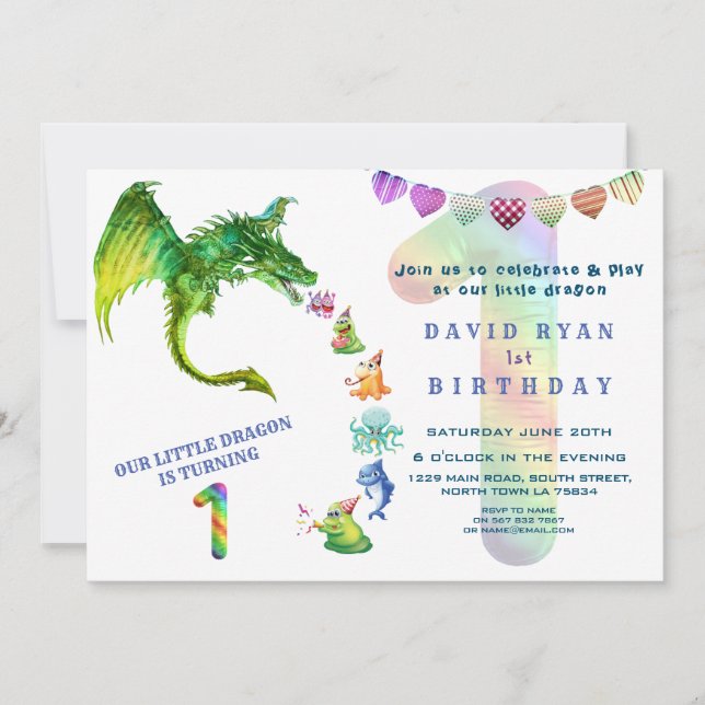 Invitation Cute Dragon Monsters Baby Photo 1er anniversaire (Devant)