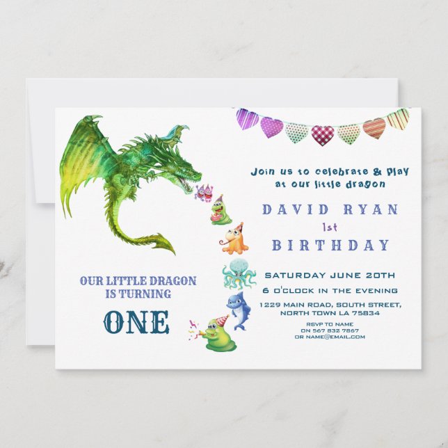 Invitation Cute Dragon Monsters Photo 1er Anniversaire (Devant)