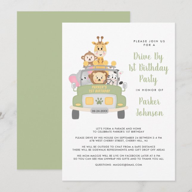 Invitation Cute Drive Par Animal Safari 1ère fête d'anniversa (Devant / Derrière)