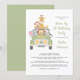 Invitation Cute Drive Par Animal Safari 1ère fête d'anniversa