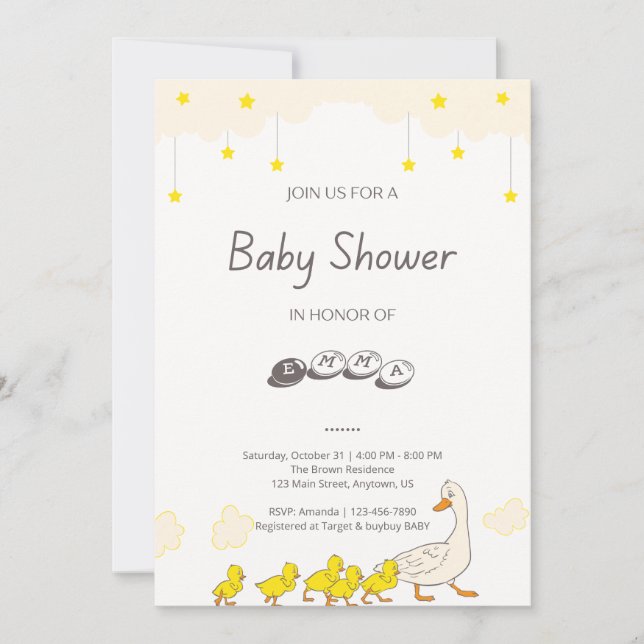 Invitation Cute Duck Baby Shower Illustration Minimal Style (Devant)