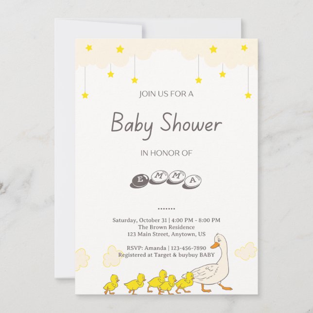 Invitation Cute Duck Baby Shower Illustration Minimal Style (Devant)