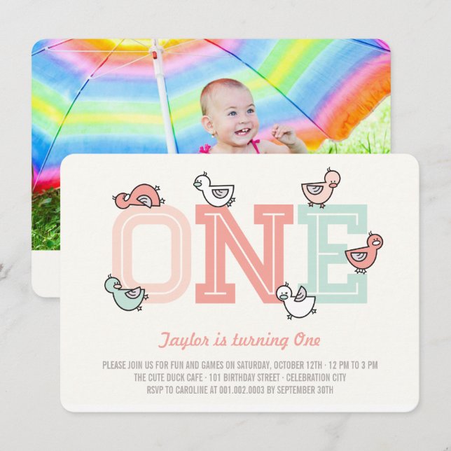 Invitation Cute Ducks Big One Girl 1er Birthday Party Invitat (Devant / Derrière)