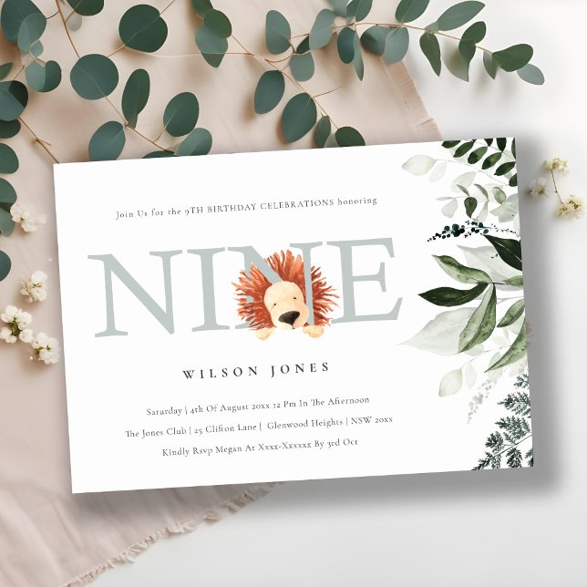 Invitation Cute Dusky Blue Lion Foliage 9e Anniversaire (Créateur téléchargé)