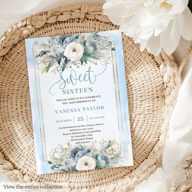 Invitation Cute Dusty Bleu Blancs pivoines Douce 16 Invitatio (Cute Dusty Blue White Peonies Sweet 16 Invitation)