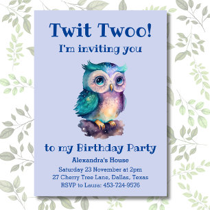 Invitation Cute Dusty Blue Owl Kids Woodland Anniversaire