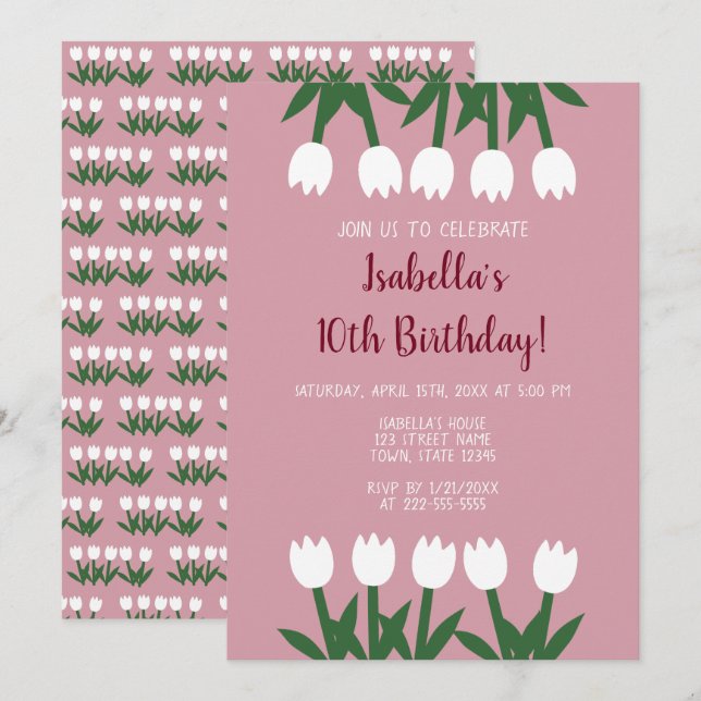 Invitation Cute Dusty Rose Floral Tulips Anniversaire (Devant / Derrière)