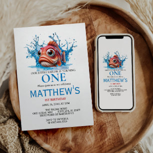 Invitation Cute Eau Bleu Poisson 1er anniversaire