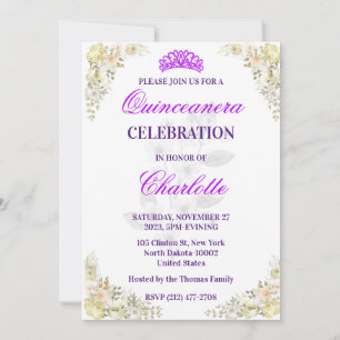 Invitation Cute Elégante Quinceanera Florale Pour Fille Anniv