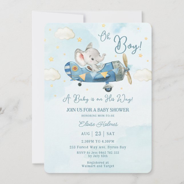 Invitation Cute Elephant Avion Sky Boy Baby shower (Devant)