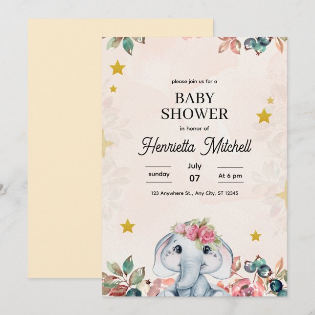 Invitation Cute Elephant Baby Shower Invite, Girl Baby Shower (Devant / Derrière)