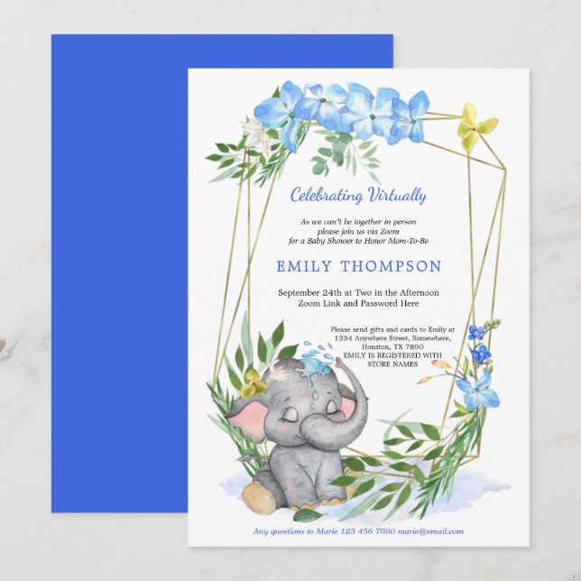 Invitation Cute Elephant Baby shower virtuel bleu géométrique (Devant / Derrière)