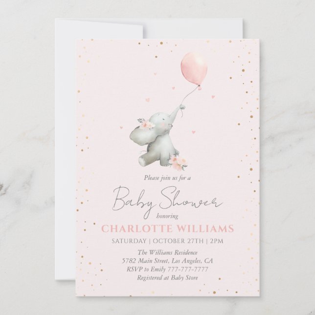 Invitation Cute Elephant Balloon Pink Gold Girl Baby Shower (Devant)