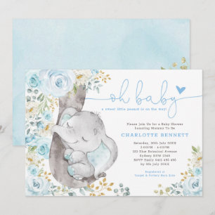 Invitation Cute Elephant bleu doux Baby shower de garçon Flor