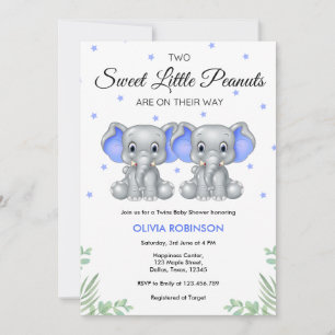 Invitation Cute Elephant Blue Twin Boys Baby shower