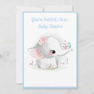 Invitation Cute Elephant Boy Blue Script Baby shower moderne