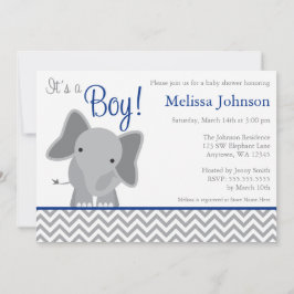 Invitation Cute Elephant Chevron Baby shower bleu marine