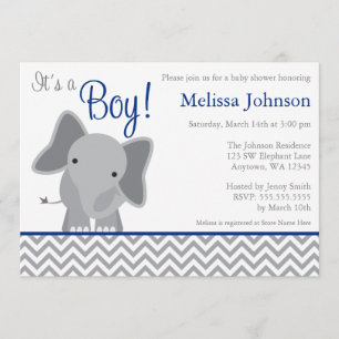 Invitation Cute Elephant Chevron Baby shower bleu marine