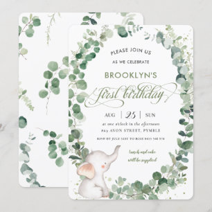 Invitation Cute Elephant Chic Green 1er Anniversaire