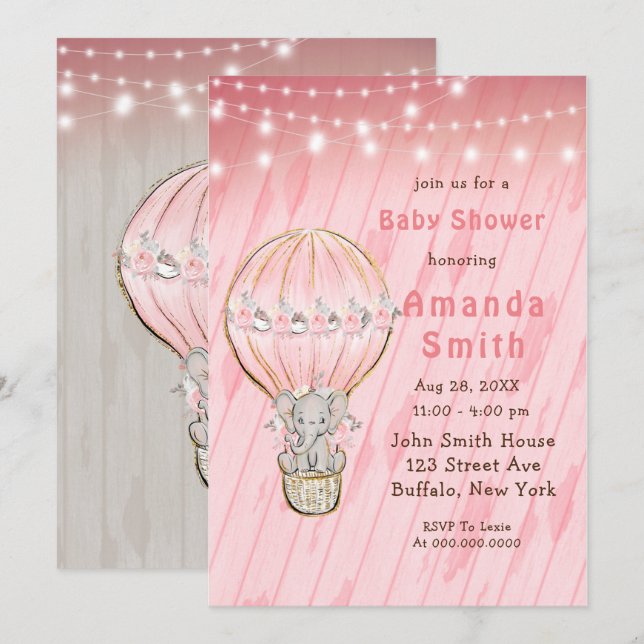Invitation Cute Elephant Hot Air Baby shower Invitat (Devant / Derrière)