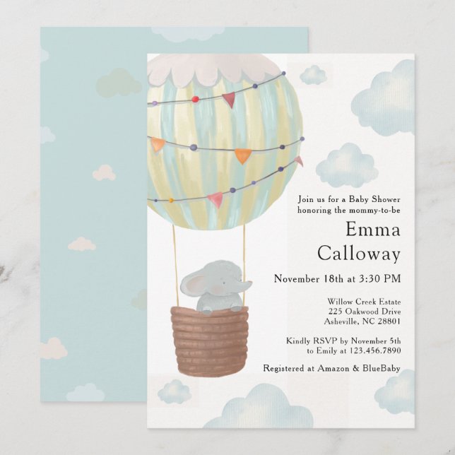 Invitation Cute Elephant Hot Air Balloon Baby Shower  (Devant / Derrière)