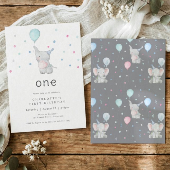 Invitation Cute Elephant One 1st Birthday Party (Watercolor elephant 1st birthday invitation with balloon and pastel confetti on white background)