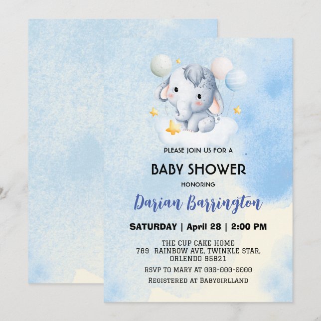 Invitation Cute éléphant petit Ours baby shower enfants garço (Devant / Derrière)