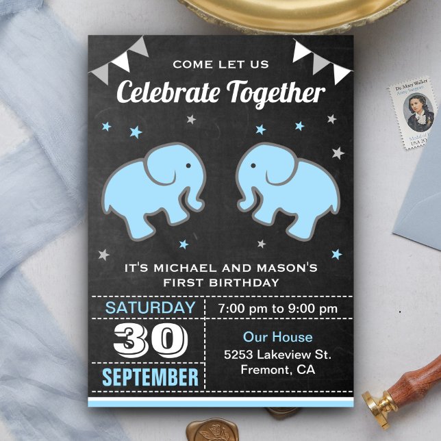 Invitation Cute Elephant Twin Boys Anniversaire Fête Invitati (Créateur téléchargé)