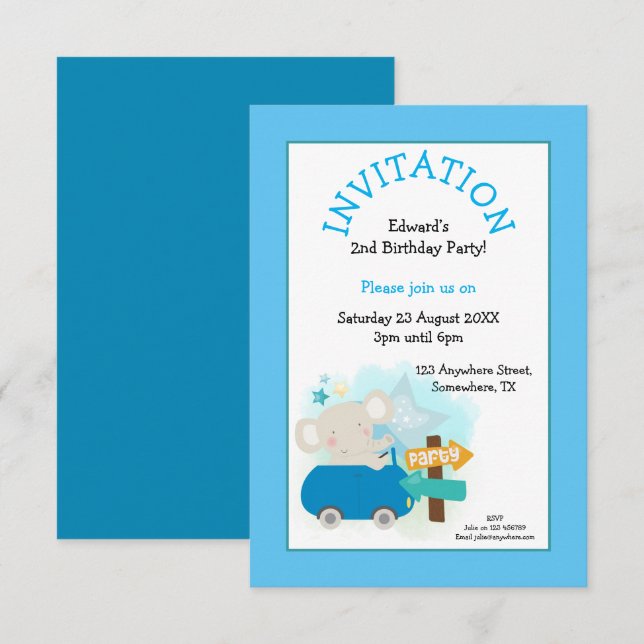 Invitation Cute Elephant Voiture Garçon Anniversaire Party Bl (Devant / Derrière)