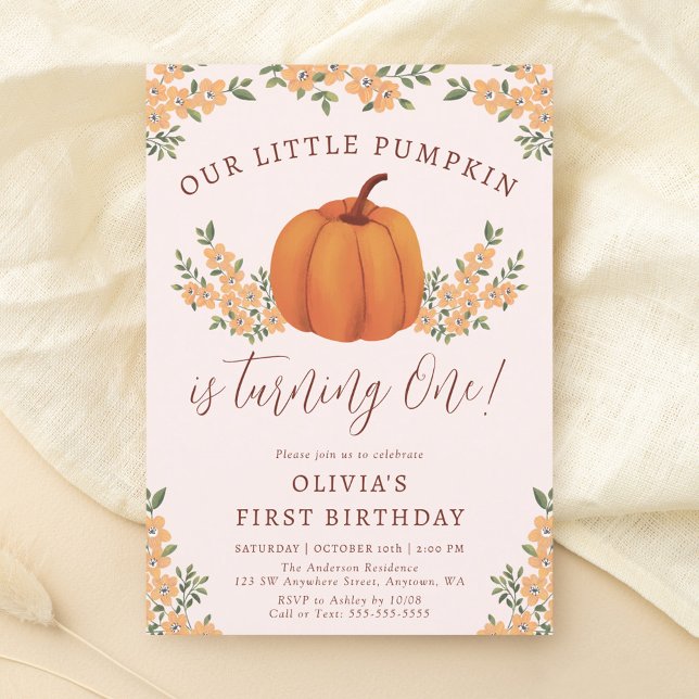 Invitation Cute Fall Floral Petite fille Citrouille 1er anniv (Créateur téléchargé)