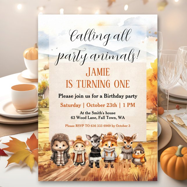 Invitation Cute Fall Woodland Animaux 1er anniversaire Invita (Cute Fall Woodland Animals 1st Birthday Invitation)