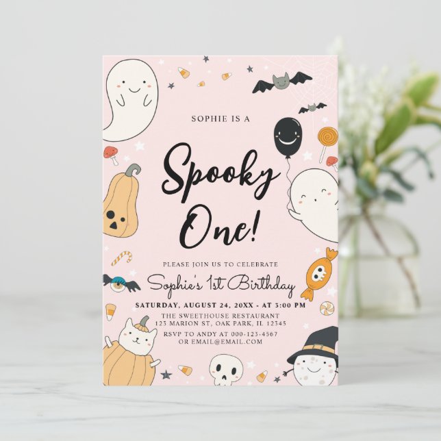 Invitation Cute Fantôme Halloween Éffrayant Un 1er anniversai (Debout devant)