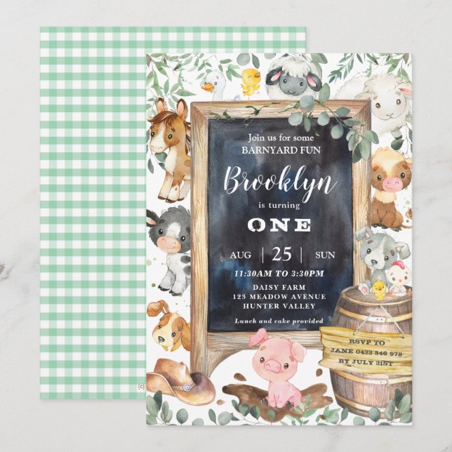 Invitation Cute Farm Animals Barnyard Green 1er anniversaire (Devant / Derrière)