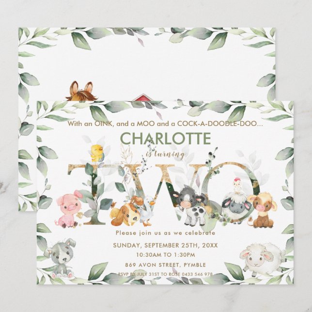 Invitation Cute Farm Animals Barnyard Green 2e anniversaire (Devant / Derrière)