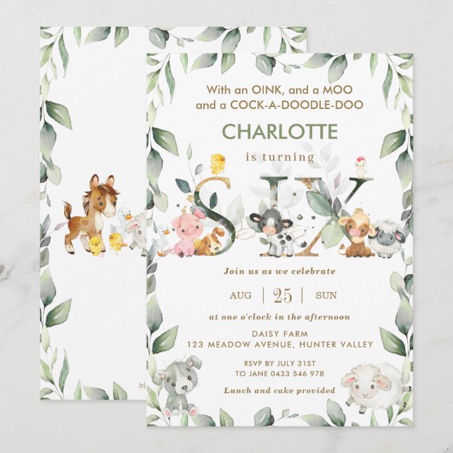 Invitation Cute Farm Animals Barnyard Green 6e anniversaire  (Devant / Derrière)