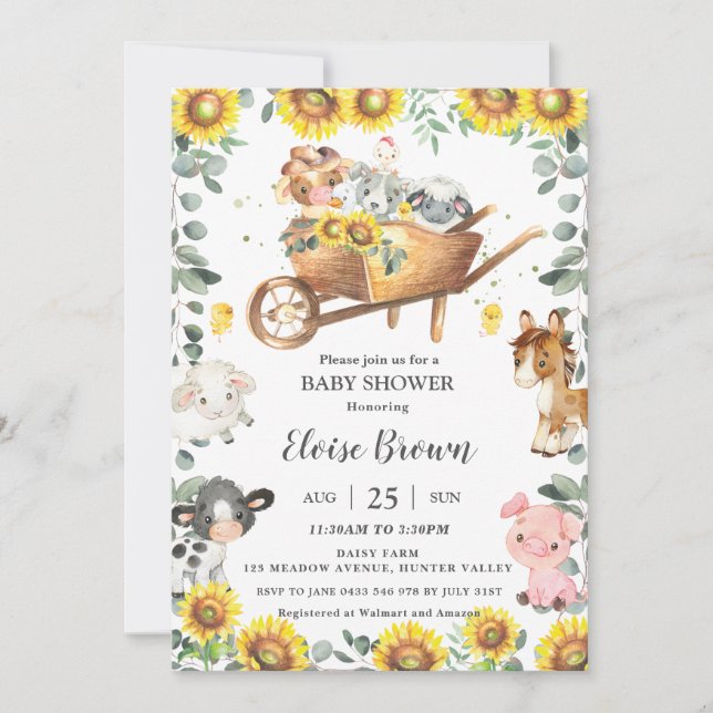 Invitation Cute Farm Animals Sunflower Baby shower de verdure (Devant)