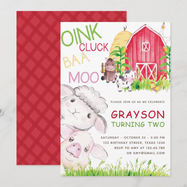 Invitation Cute Farm Animaux Aquarelle Anniversaire (Devant / Derrière)