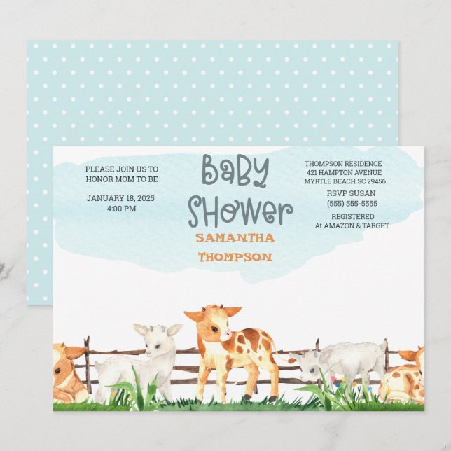 Invitation Cute Farm Animaux Baby showers garçons (Devant / Derrière)