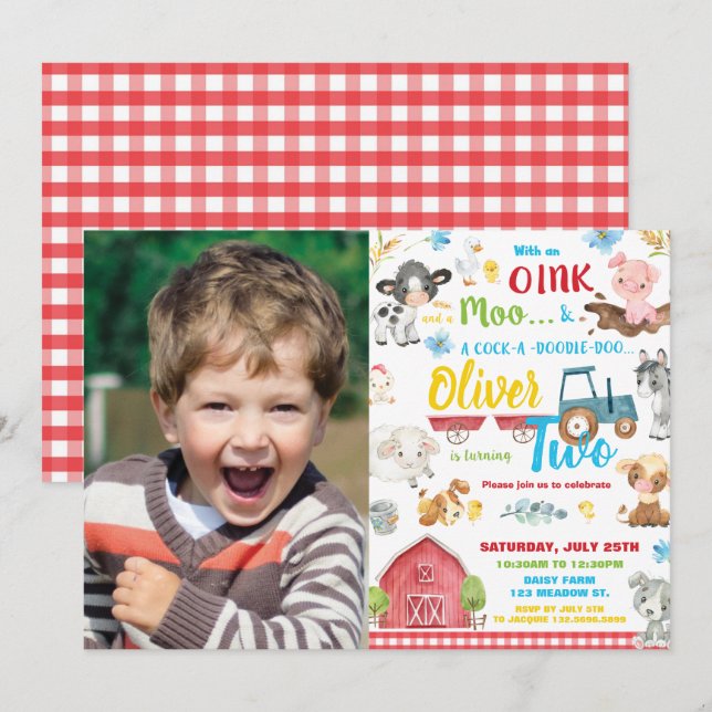 Invitation Cute Farm Animaux Barnyard 2e anniversaire Deux ph (Devant / Derrière)