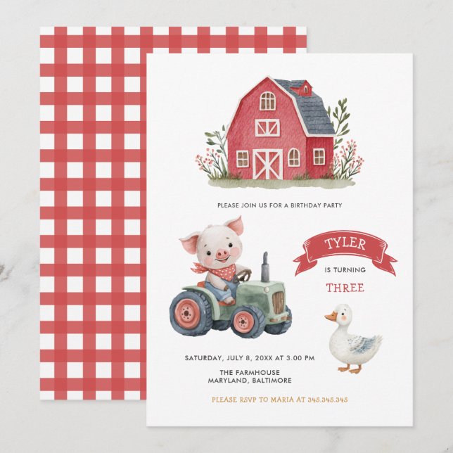 Invitation Cute Farm Animaux Barnyard fête d'anniversaire (Devant / Derrière)