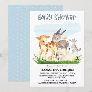Invitation Cute Farm Animaux Blue Boys Baby shower