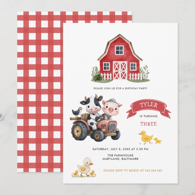 Invitation Cute Farm Animaux Farmhouse Fête d'anniversaire (Devant / Derrière)