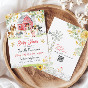 Invitation Cute Farm Barnyard Animaux Red Barn Baby shower