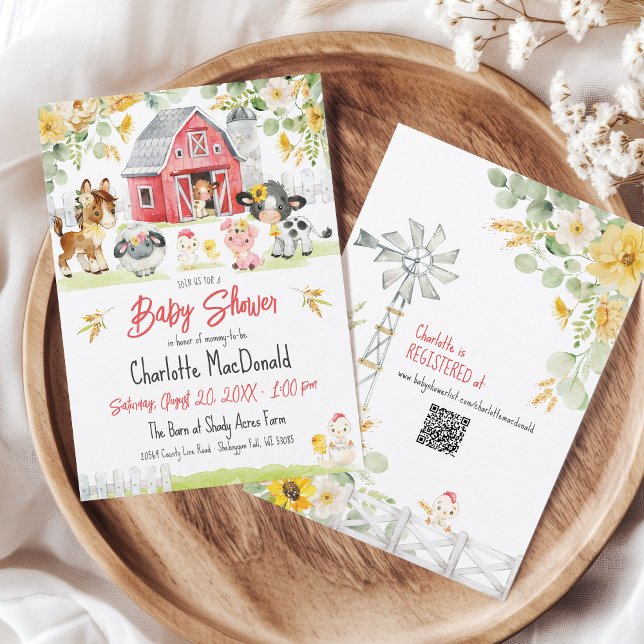 Invitation Cute Farm Barnyard Animaux Red Barn Baby shower (Red Barn farm chick cow pig horse watercolor flowers barnyard animals QR code baby shower invitation)